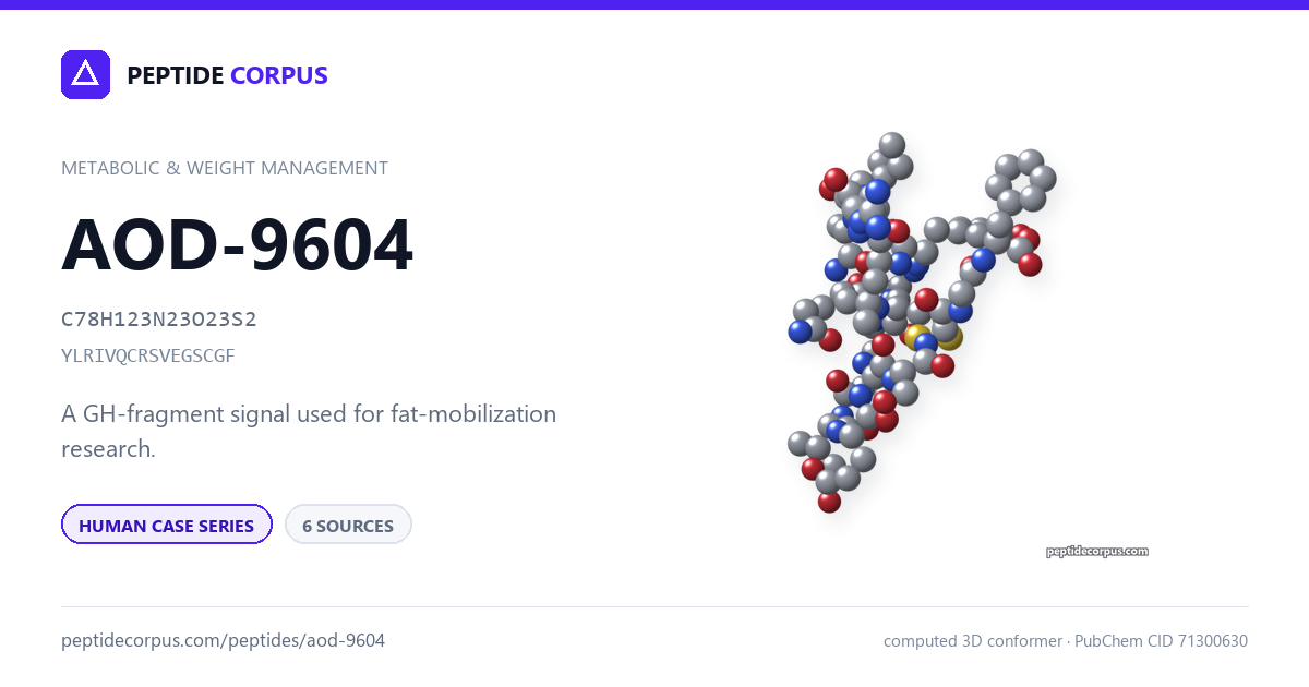 Share card for AOD-9604: structure, evidence rung and sources on file
