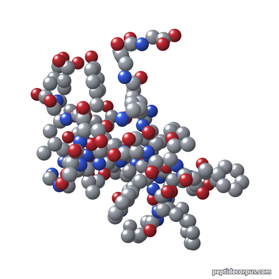 Space-filling 3D model of Dulaglutide, carbon grey, nitrogen blue, oxygen red