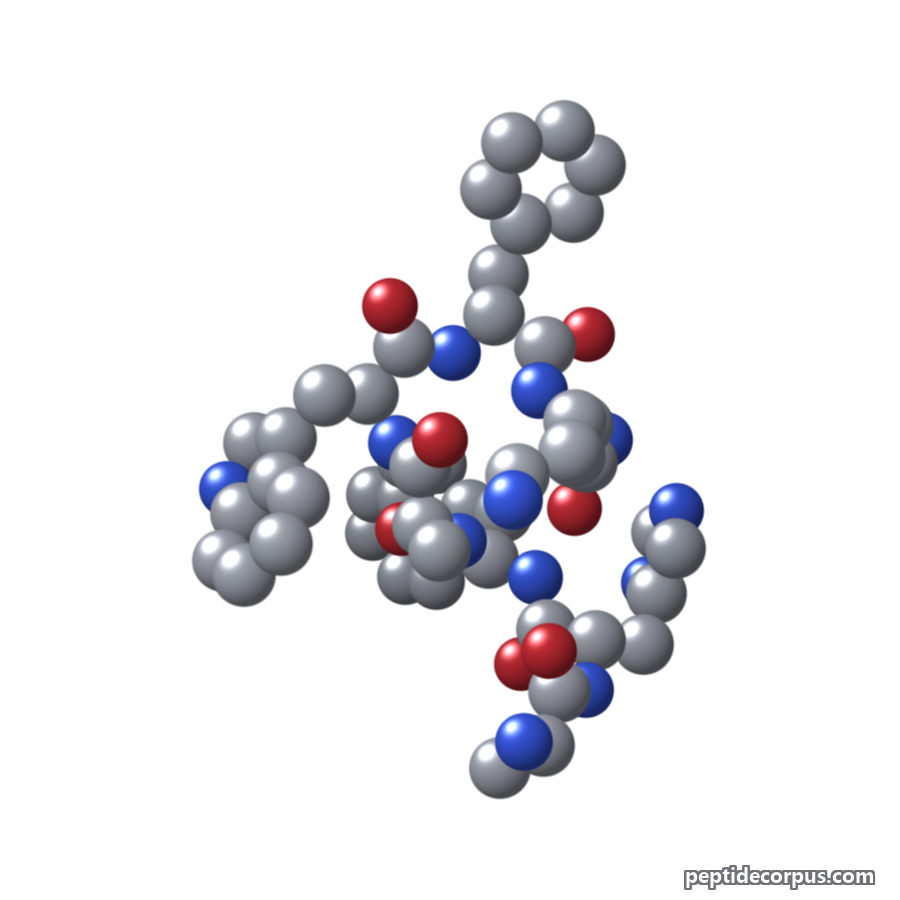 Space-filling 3D model of GHRP-1, carbon grey, nitrogen blue, oxygen red