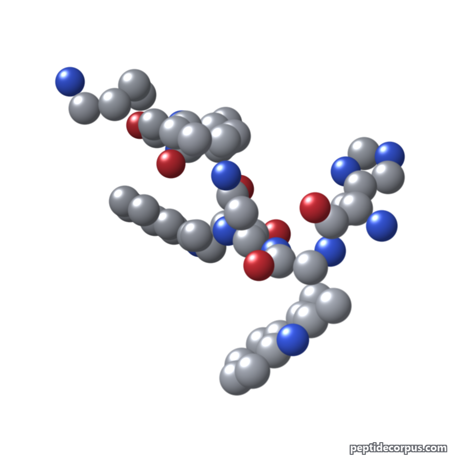Space-filling 3D model of Hexarelin, carbon grey, nitrogen blue, oxygen red