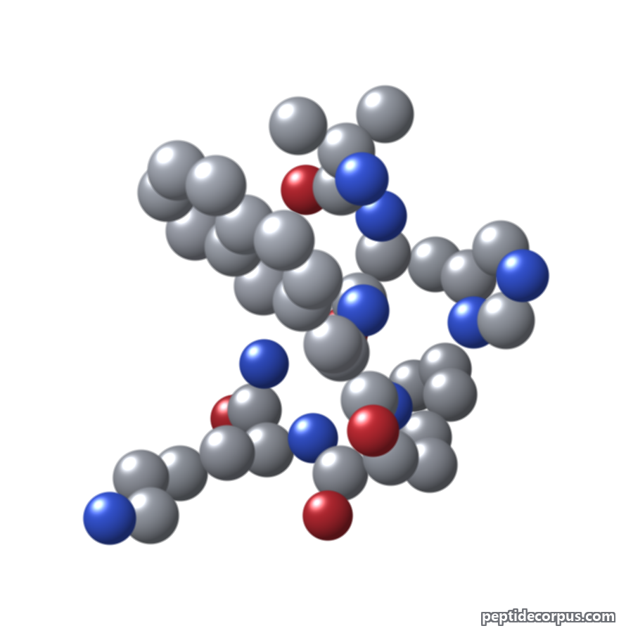 Space-filling 3D model of Ipamorelin, carbon grey, nitrogen blue, oxygen red