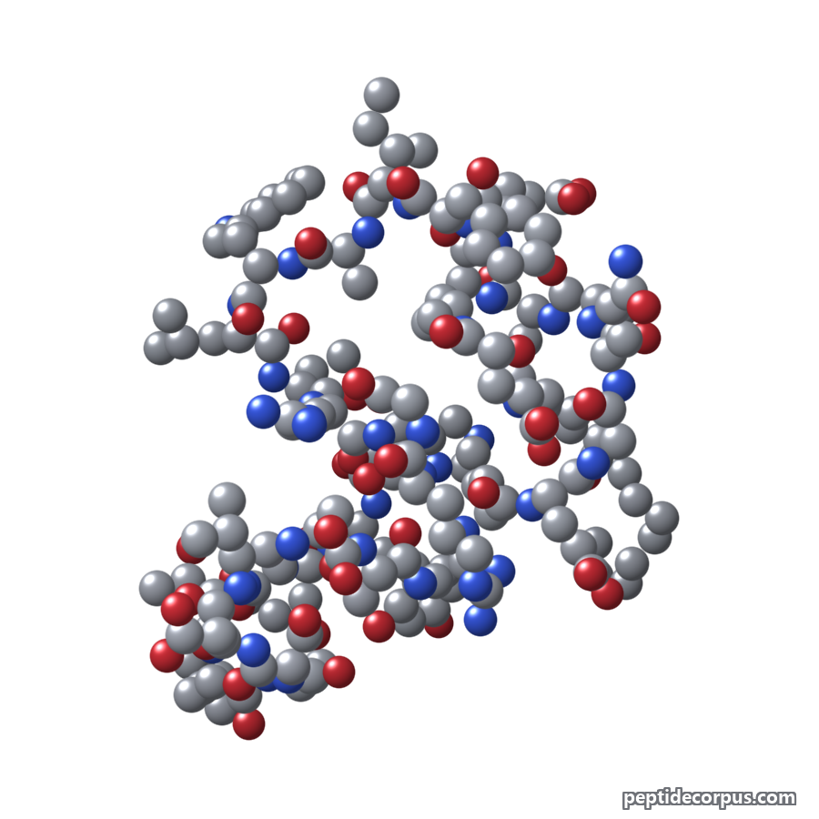 Space-filling 3D model of Liraglutide, carbon grey, nitrogen blue, oxygen red