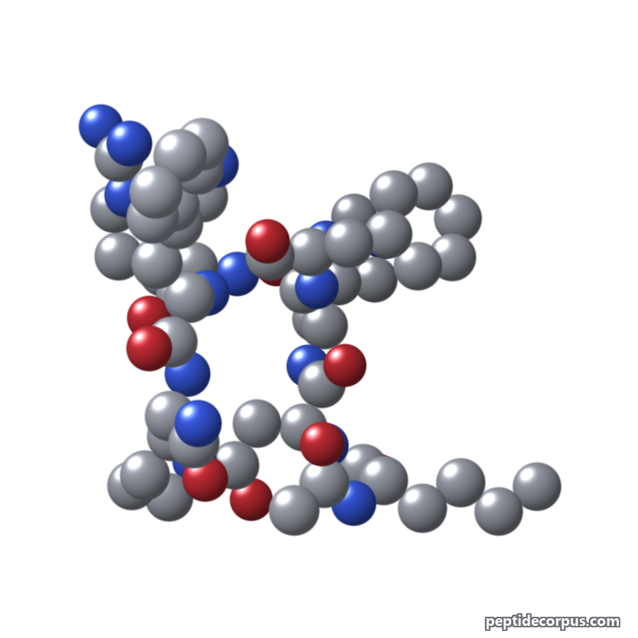 Space-filling 3D model of Melanotan II, carbon grey, nitrogen blue, oxygen red