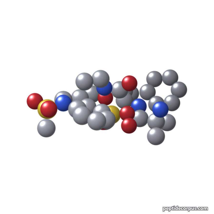 Space-filling 3D model of MK-677, carbon grey, nitrogen blue, oxygen red