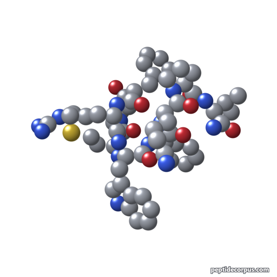 Space-filling 3D model of Nonapeptide-1, carbon grey, nitrogen blue, oxygen red