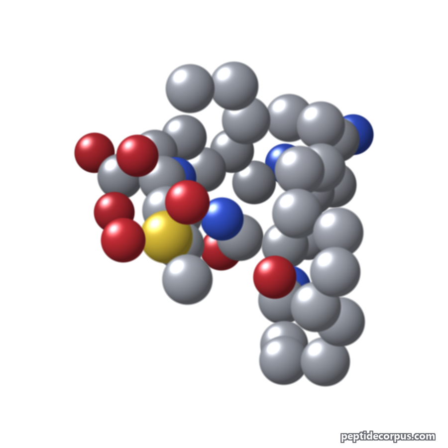 Space-filling 3D model of Palmitoyl Tripeptide-38, carbon grey, nitrogen blue, oxygen red