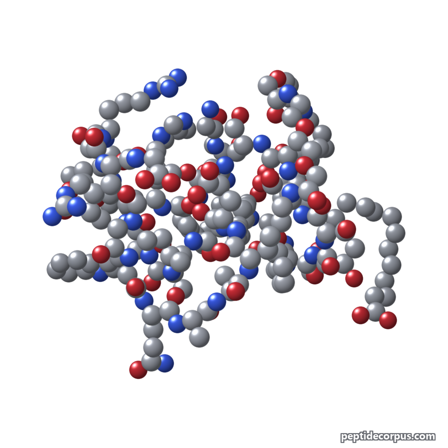Space-filling 3D model of Semaglutide, carbon grey, nitrogen blue, oxygen red