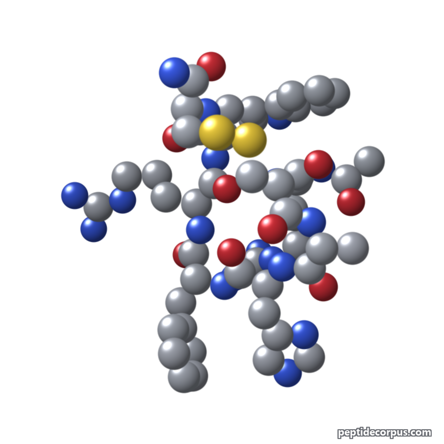 Space-filling 3D model of Setmelanotide, carbon grey, nitrogen blue, oxygen red