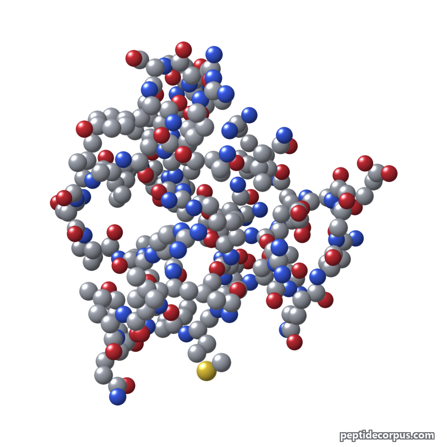 Space-filling 3D model of Tesamorelin, carbon grey, nitrogen blue, oxygen red