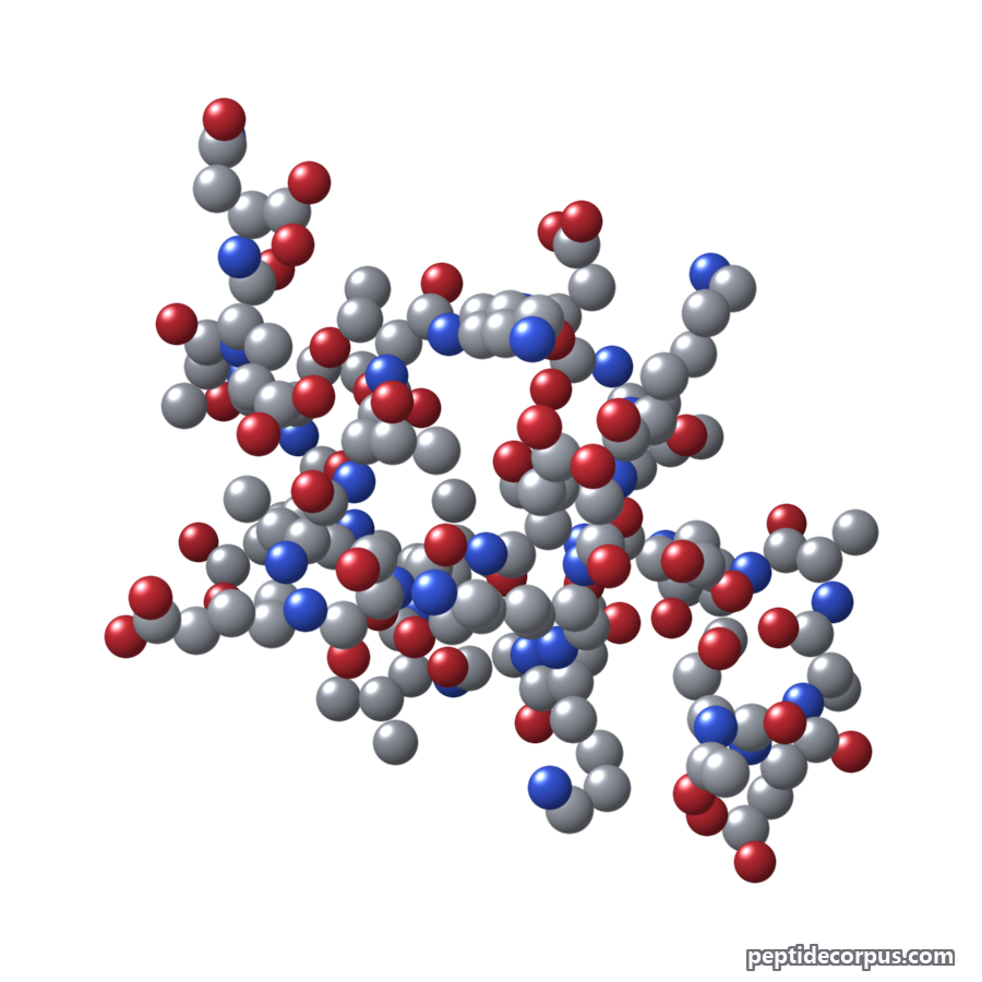 Space-filling 3D model of Thymosin alpha-1, carbon grey, nitrogen blue, oxygen red